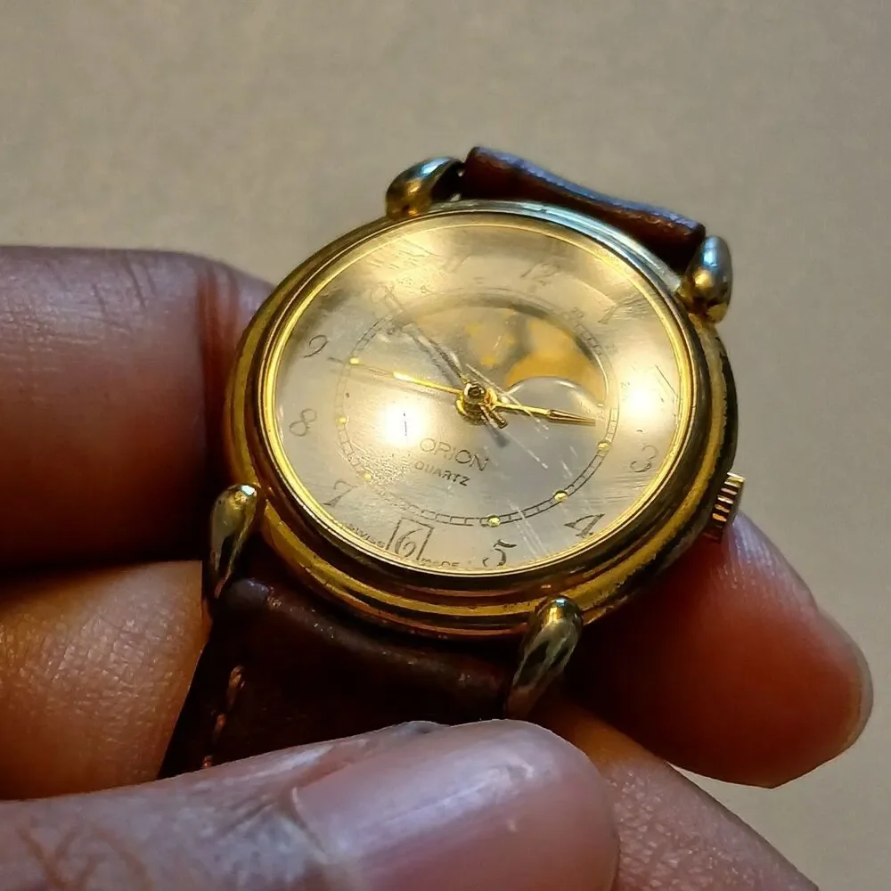 Parts/Repair Vintage 90s Orion Swiss Quartz Moon Phase Watch Leather Strap 26mm